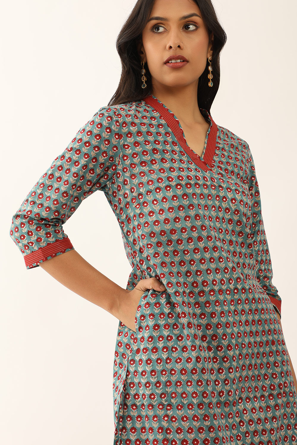 Green Pure Cotton Block Printed Kurta with Embroidery image number null