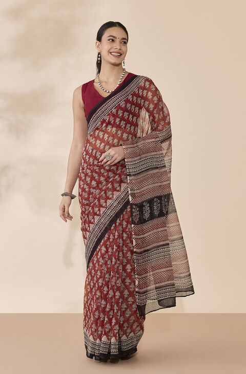 Dark Red Bagru Block Printed Pure Cotton Kota Saree