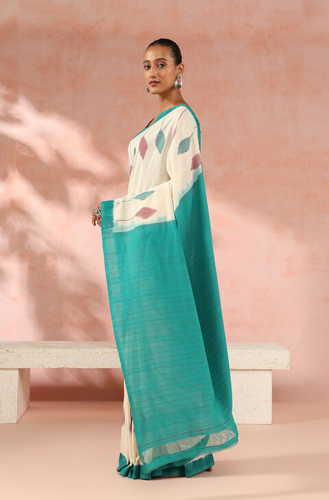 Off-White Pochampalli Pure Cotton Ikat Saree