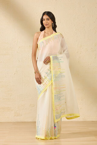 Off White Pure Silk Cotton Block Printed Bengal Saree thumbnail image number null