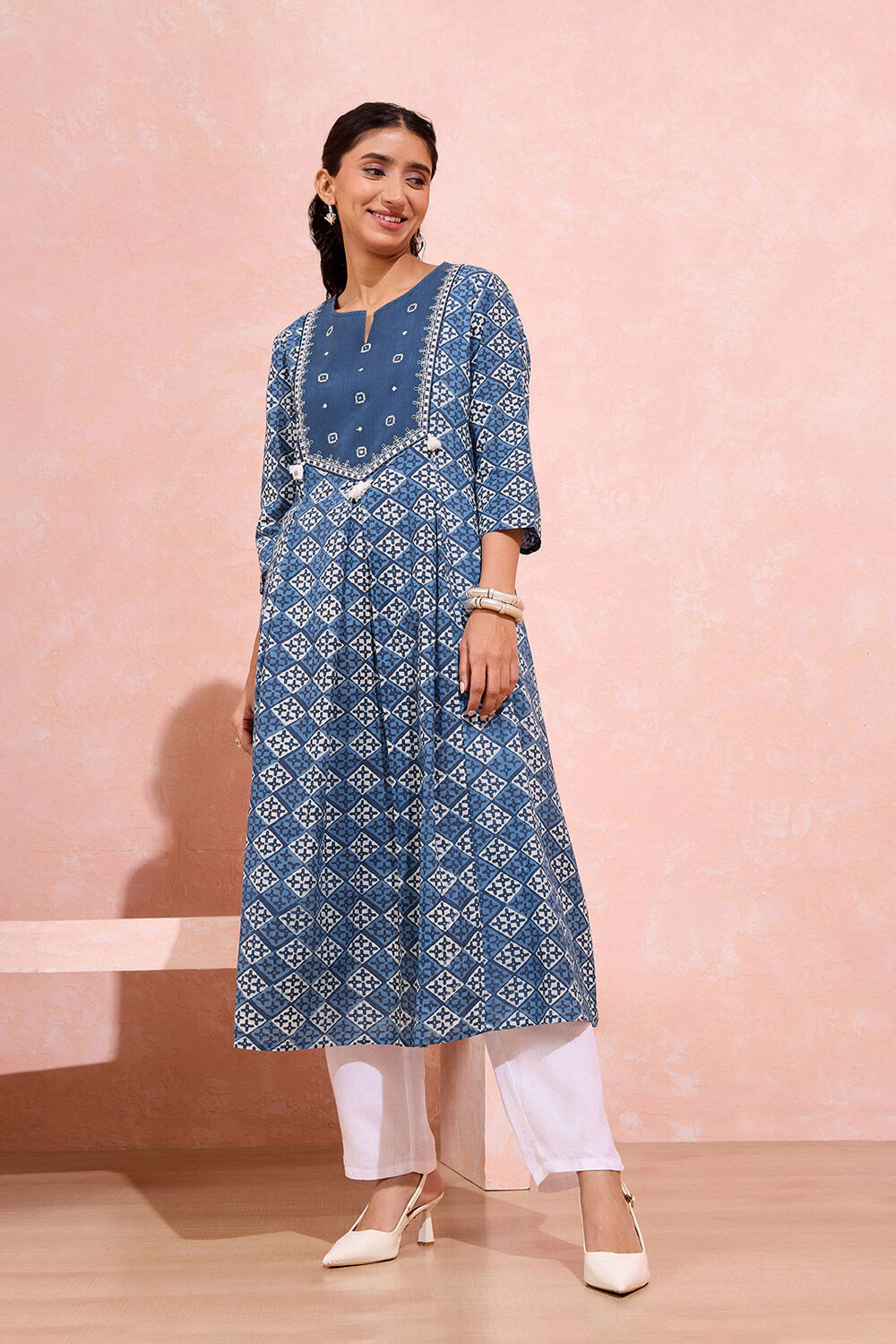 Dark Blue Pure Cotton Printed Embroidery Kurta image number null