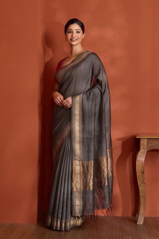 Grey Woven Pure Silk Bengal Saree image number