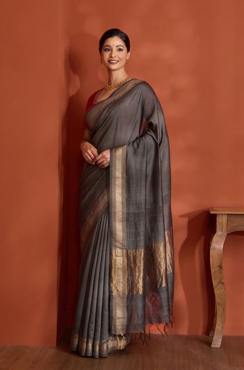 Grey Woven Pure Silk Bengal Saree