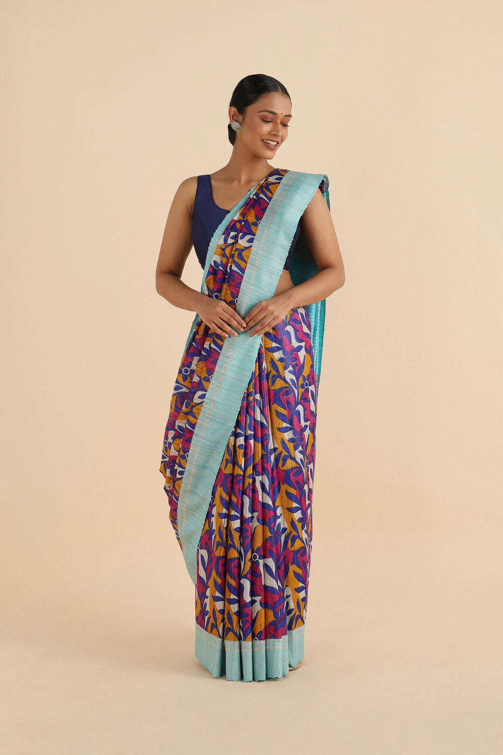 Blue Pure Tussar Silk Printed Saree image number null