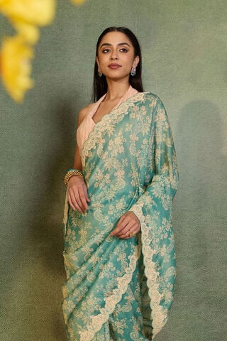 Blue Viscose Tissue Embroidered Saree image number