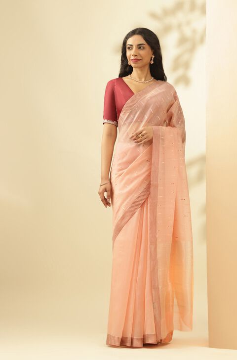 Peach Woven Pure Silk Cotton Chanderi Saree