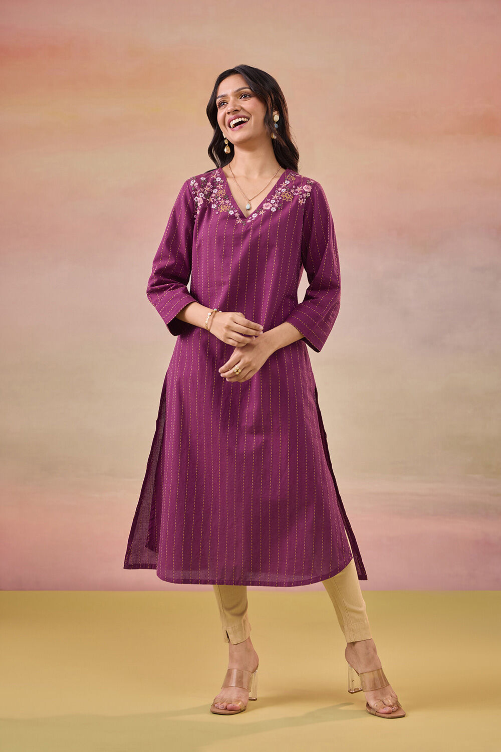 Purple Pure Cotton Embroidered Kurta image number null
