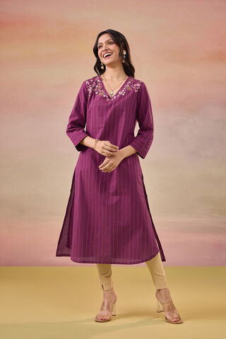 Purple Pure Cotton Embroidered Kurta thumbnail image number null