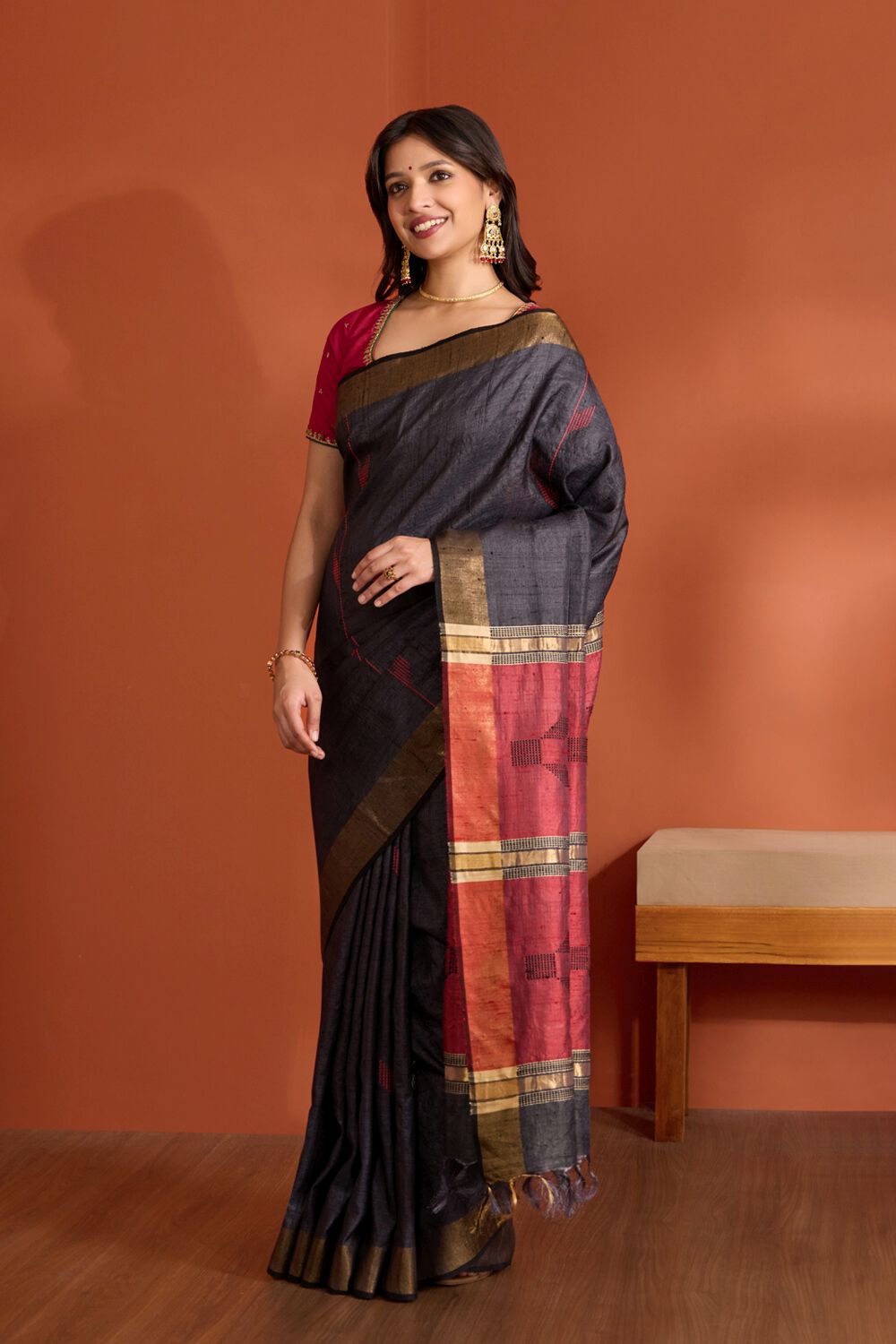 Black Pure Tussar Silk Bhagalpur Woven Saree image number null