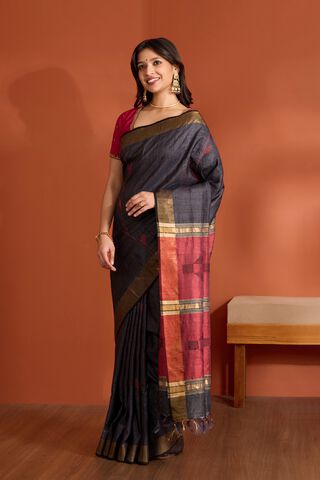 Black Pure Tussar Silk Bhagalpur Woven Saree thumbnail image number null