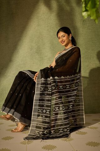 Black Bengal Pure Silk Cotton Jamdani Saree image number