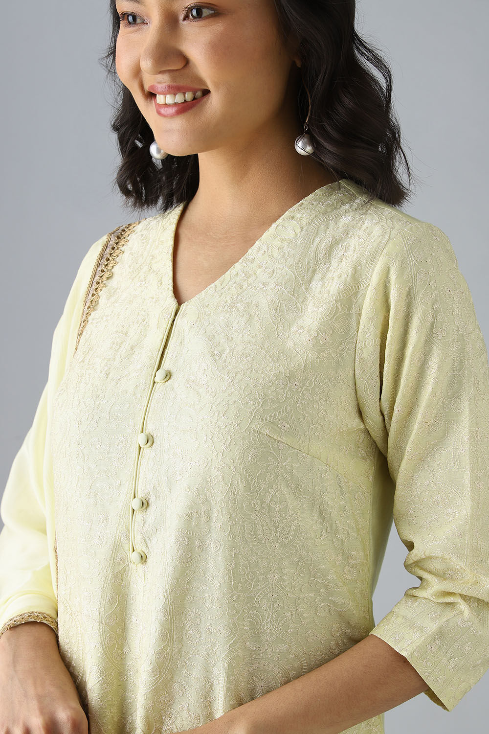 Light Yellow Silk Cotton Embroidered Kurta Set image number null