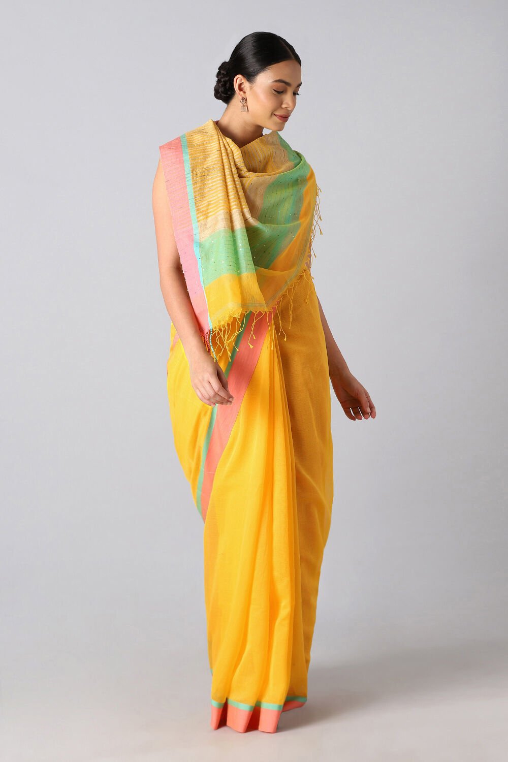 Yellow Pure Silk Cotton Bengal Saree image number null