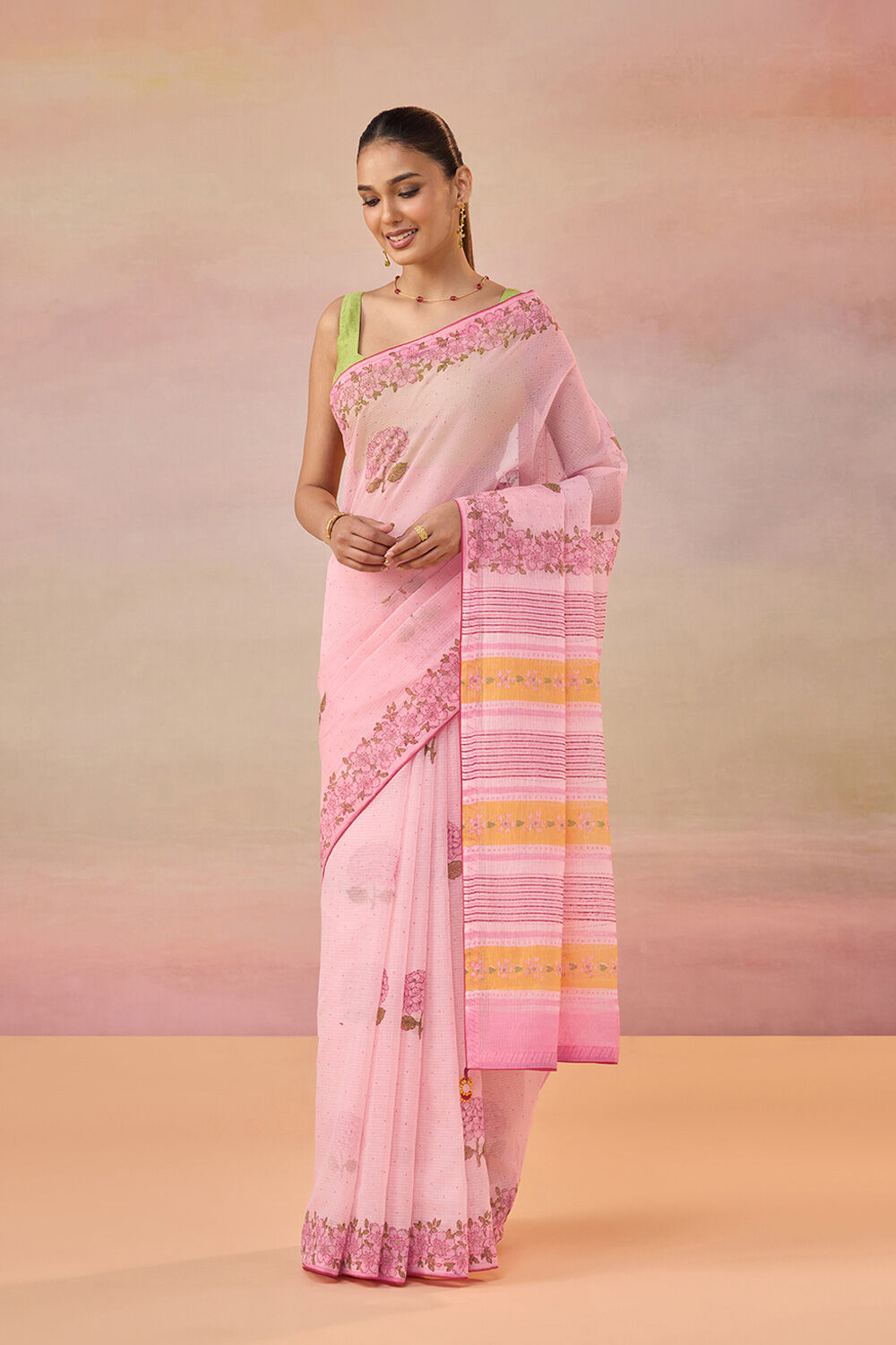 Light Pink Block Printed Bengal Pure Cotton Kota Saree image number null