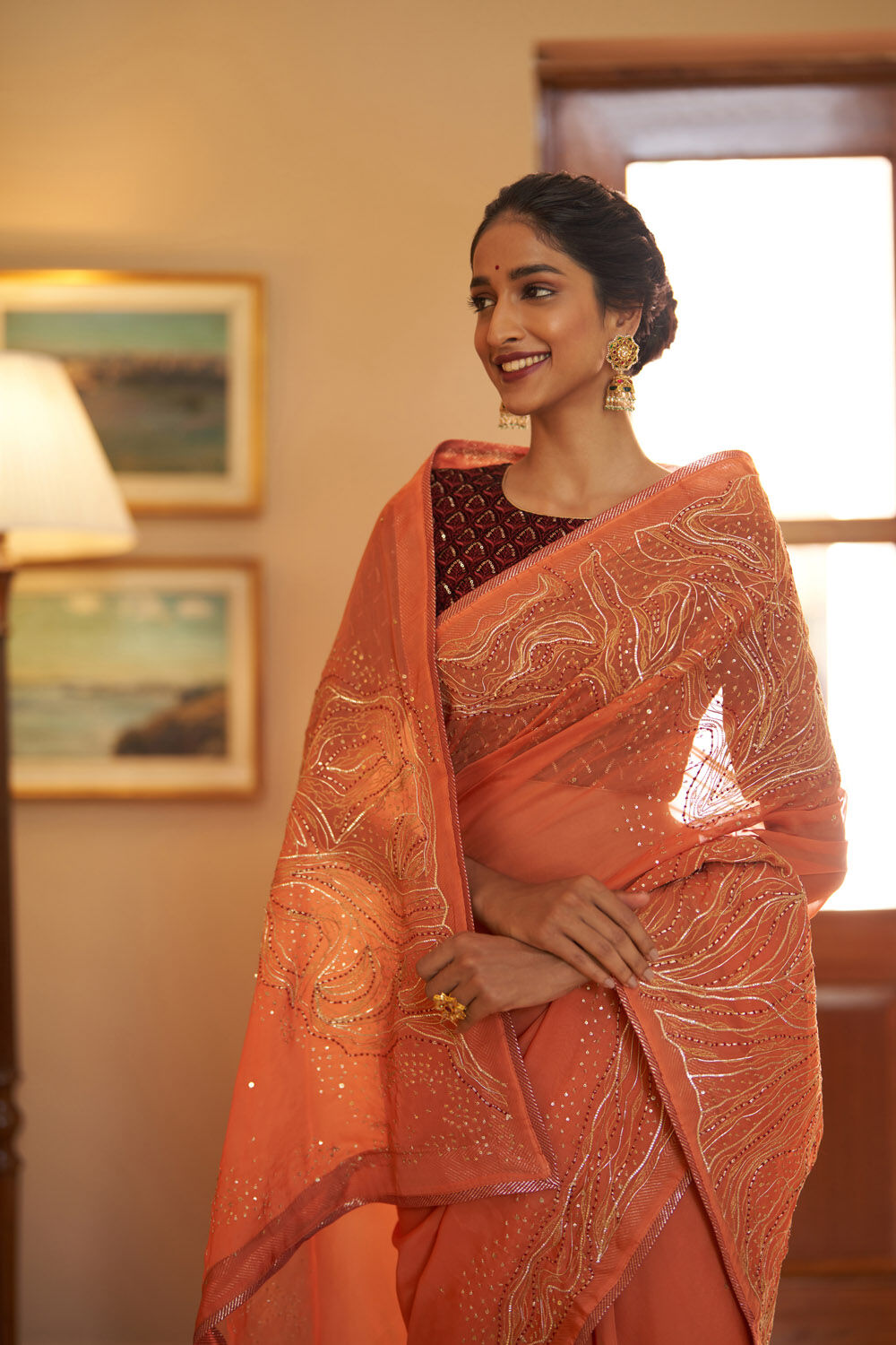 Orange Silk Viscose Embroidery Saree image number null