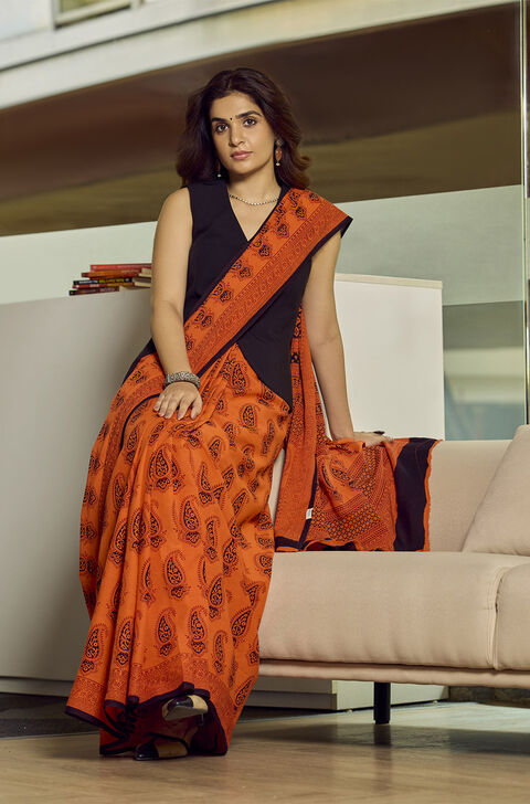 Orange Pure Cotton Bagh Printed Saree