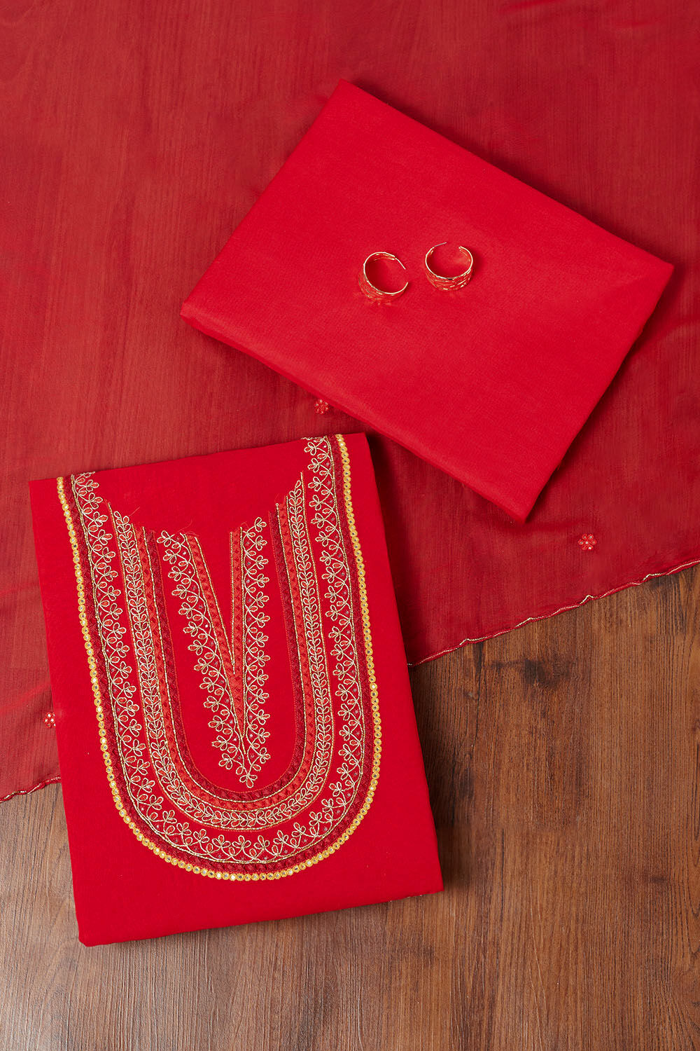 Red Viscose Embroidered Unstitched Suit Set image number null