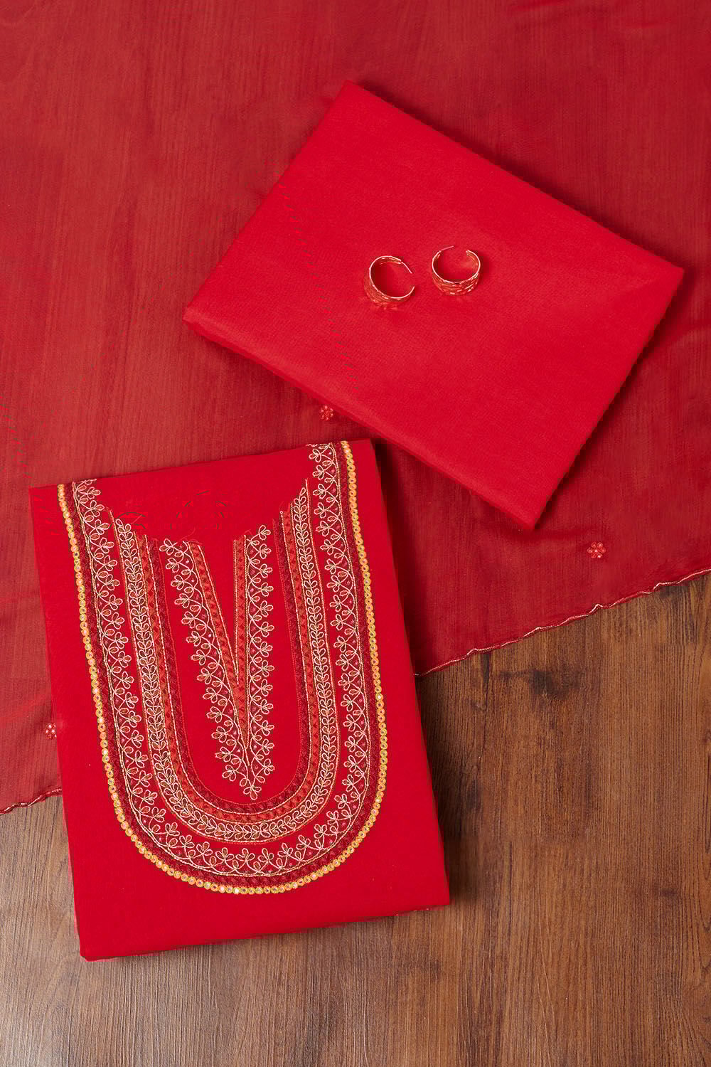Red Viscose Embroidered Unstitched Suit Set image number null