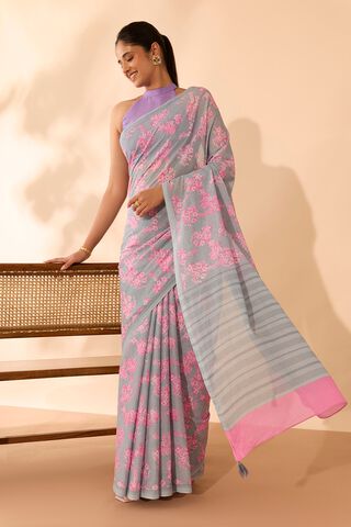 Grey Bengal Screen Printed Pure Mulmul Cotton Saree image number