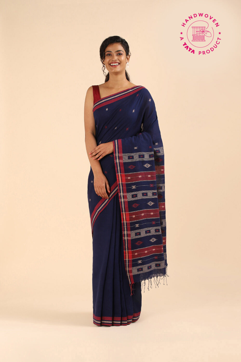 Dark Blue Pure Cotton Jamdani Saree image number null