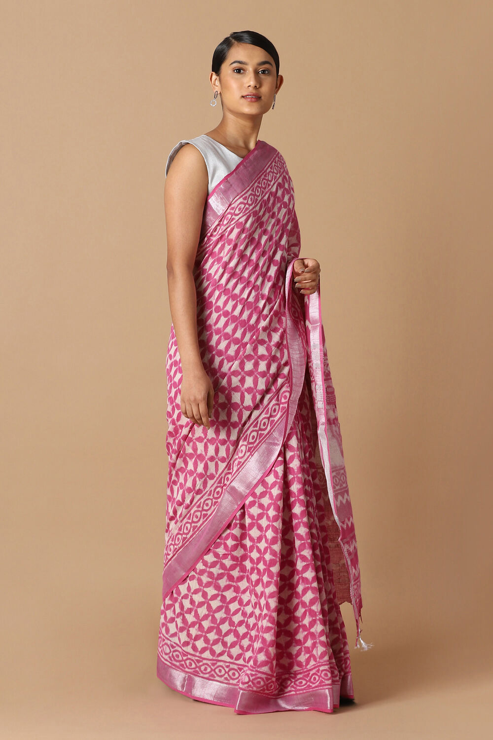 Pink Pure Cotton Linen Bagru Printed Saree image number null