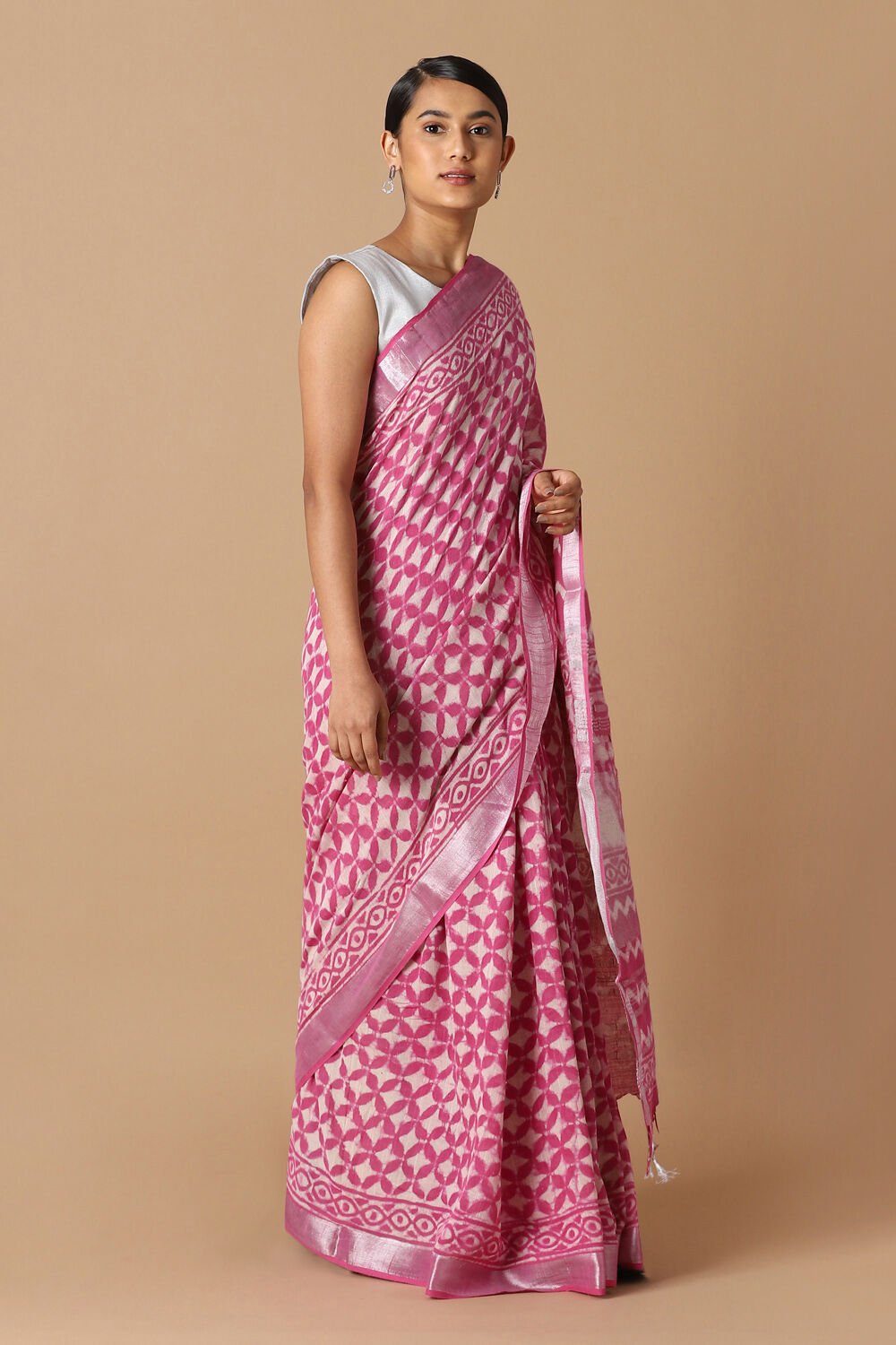 Pink Pure Cotton Linen Bagru Printed Saree image number null