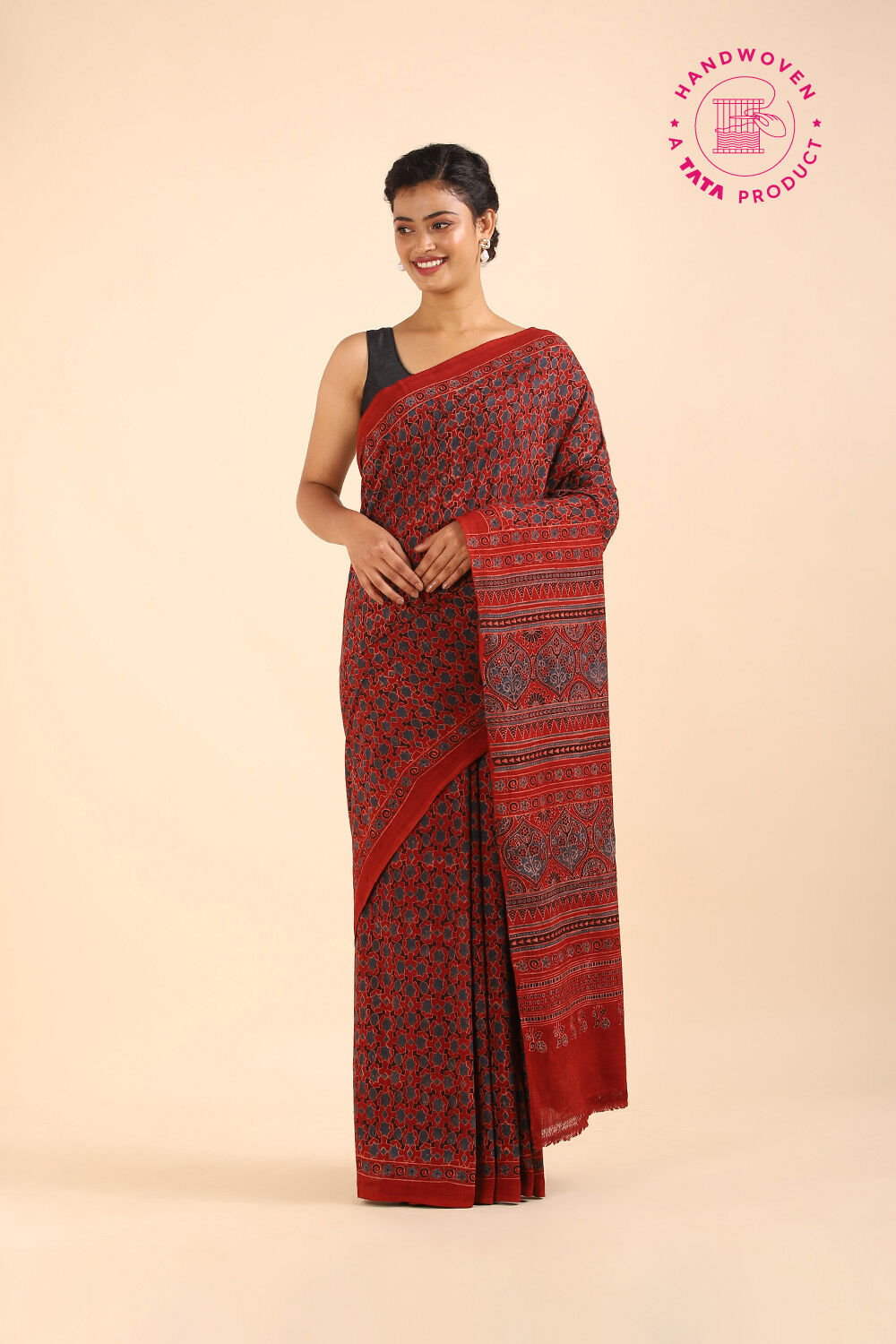 Red Pure Khadi Cotton Ajrakh Printed Saree image number null