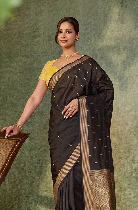 Black Silk Viscose Cutwork Banaras  Saree