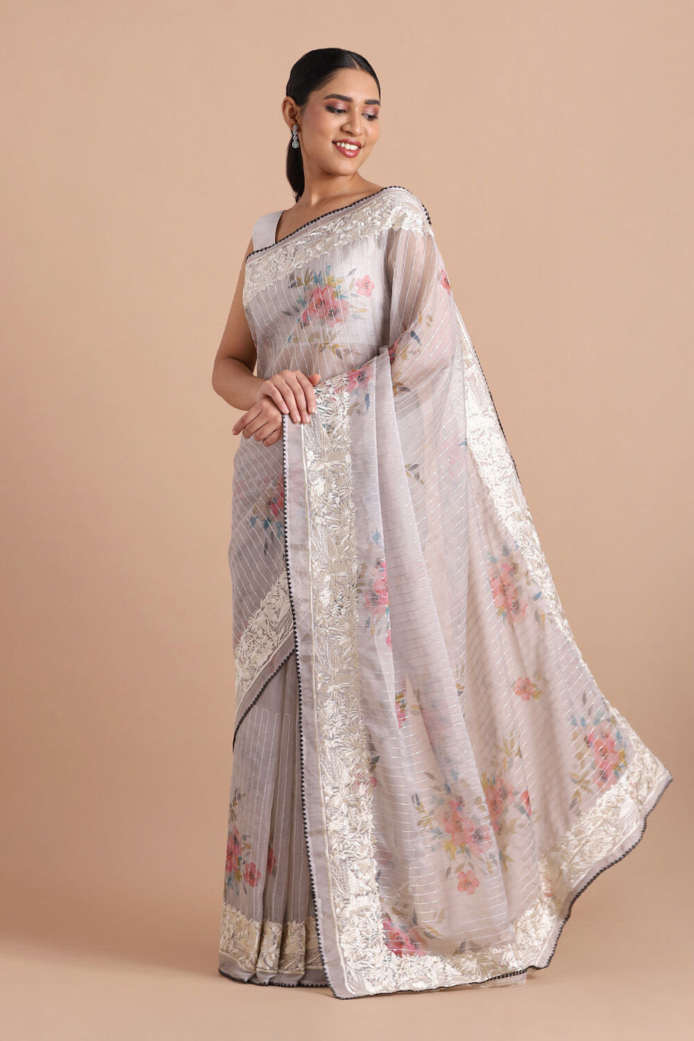 Grey Pure Embroidered Saree image number null