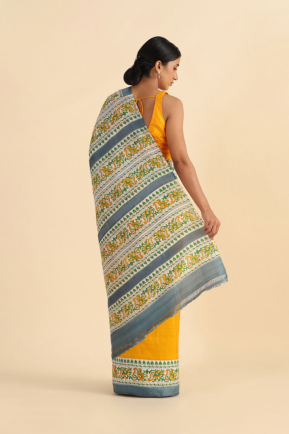 Yellow Hand Blockprinted Pure Silk Saree image number null