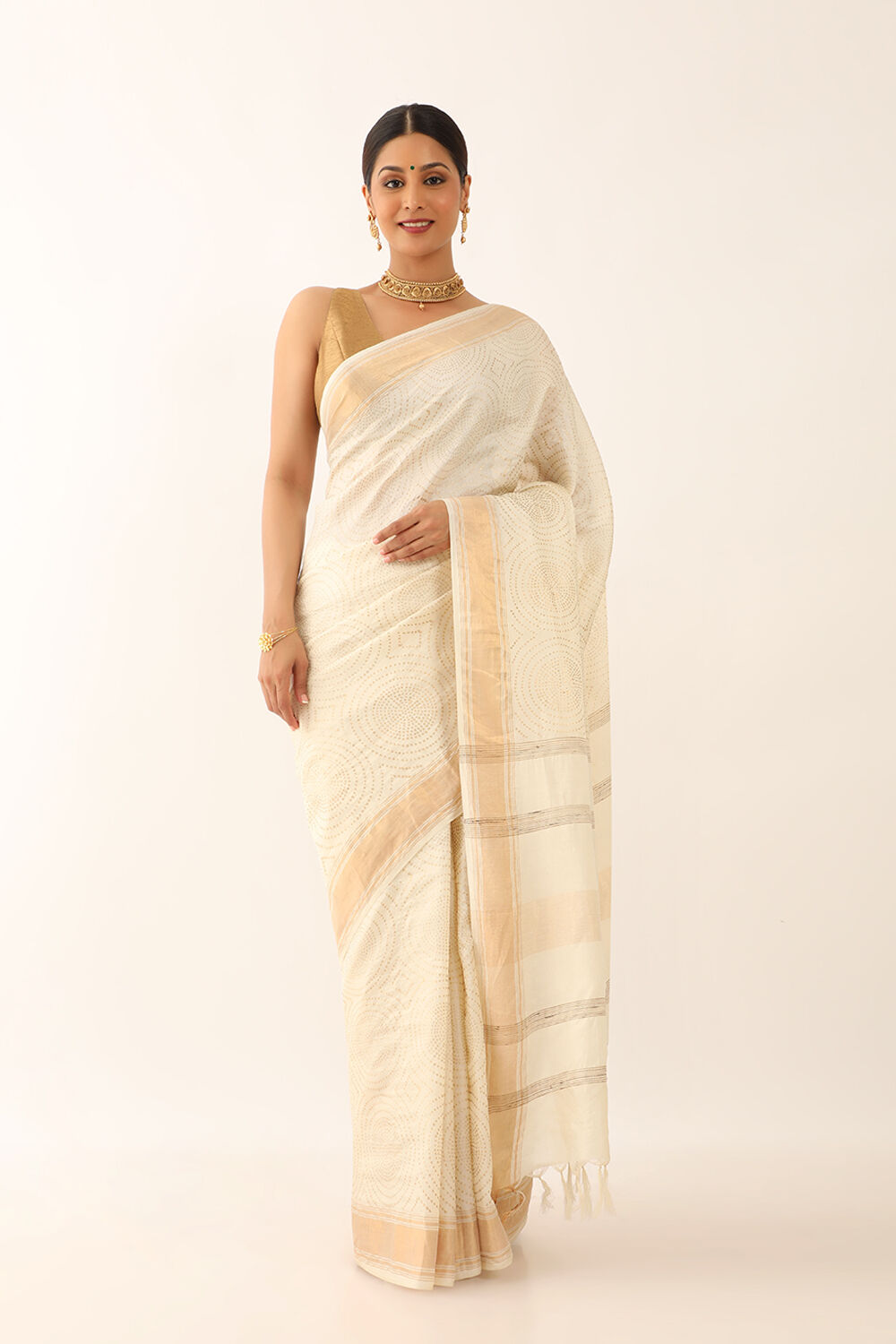 Off White Tussar Block Print Saree image number null