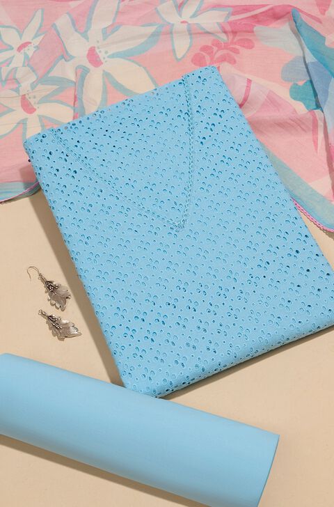 Light Blue Pure Cotton Schiffli Unstitched Suit Set