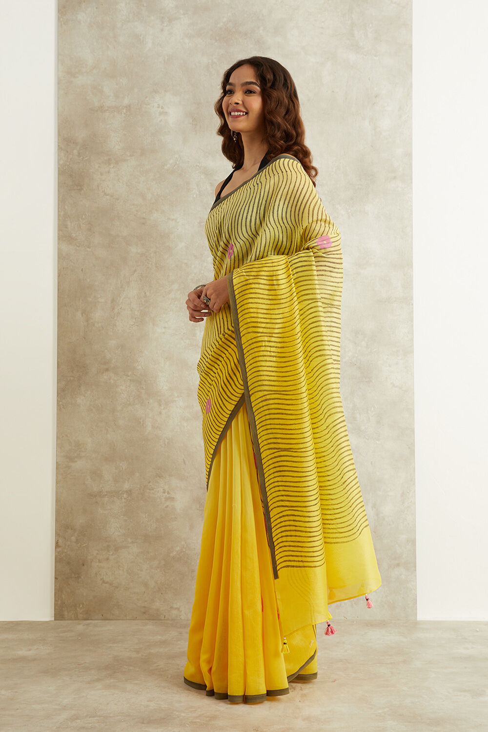 Yellow Block Printed Pure Silk Cotton Bengal Saree image number null