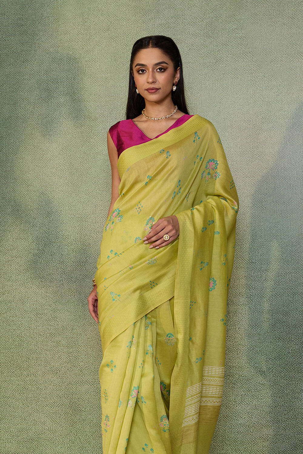Light Green Digital Print Mukaish Pure Silk Cotton Saree image number null