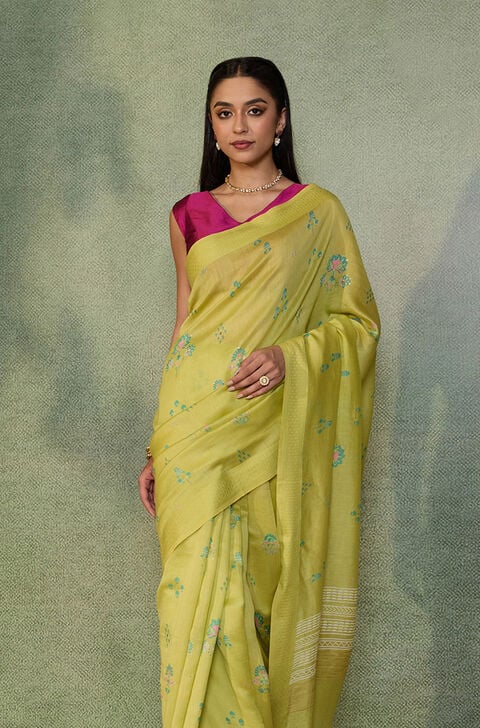 Light Green Digital Print Mukaish Pure Silk Cotton Saree