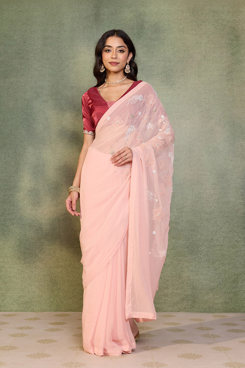 Light Pink Viscose Georgette Embroidered Saree image number null