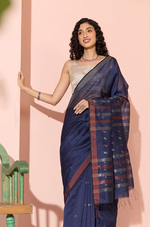 Dark Blue Jamdani Pure Silk Cotton Bengal Saree