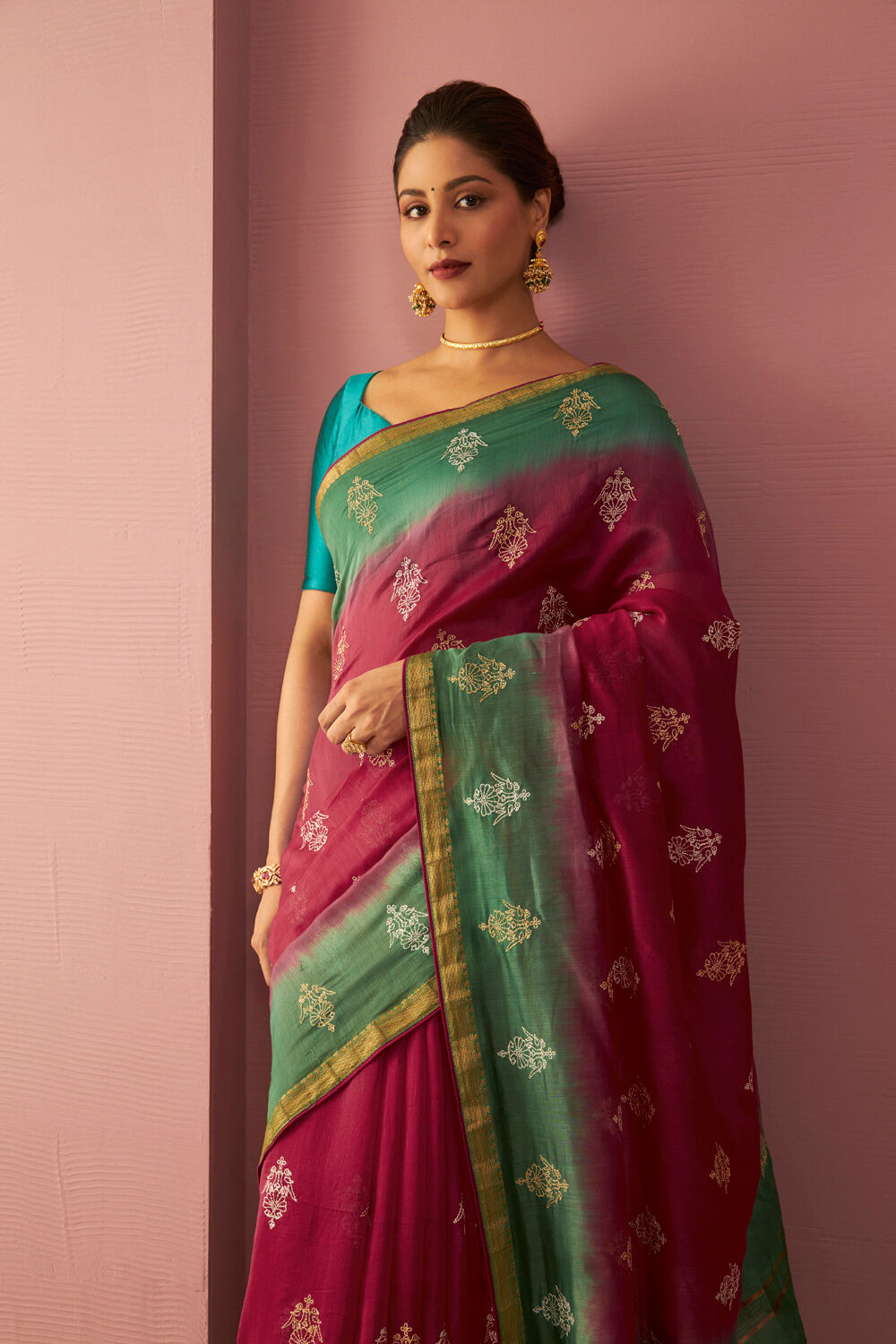 Pink Pure Silk Cotton Embroidered Saree image number null
