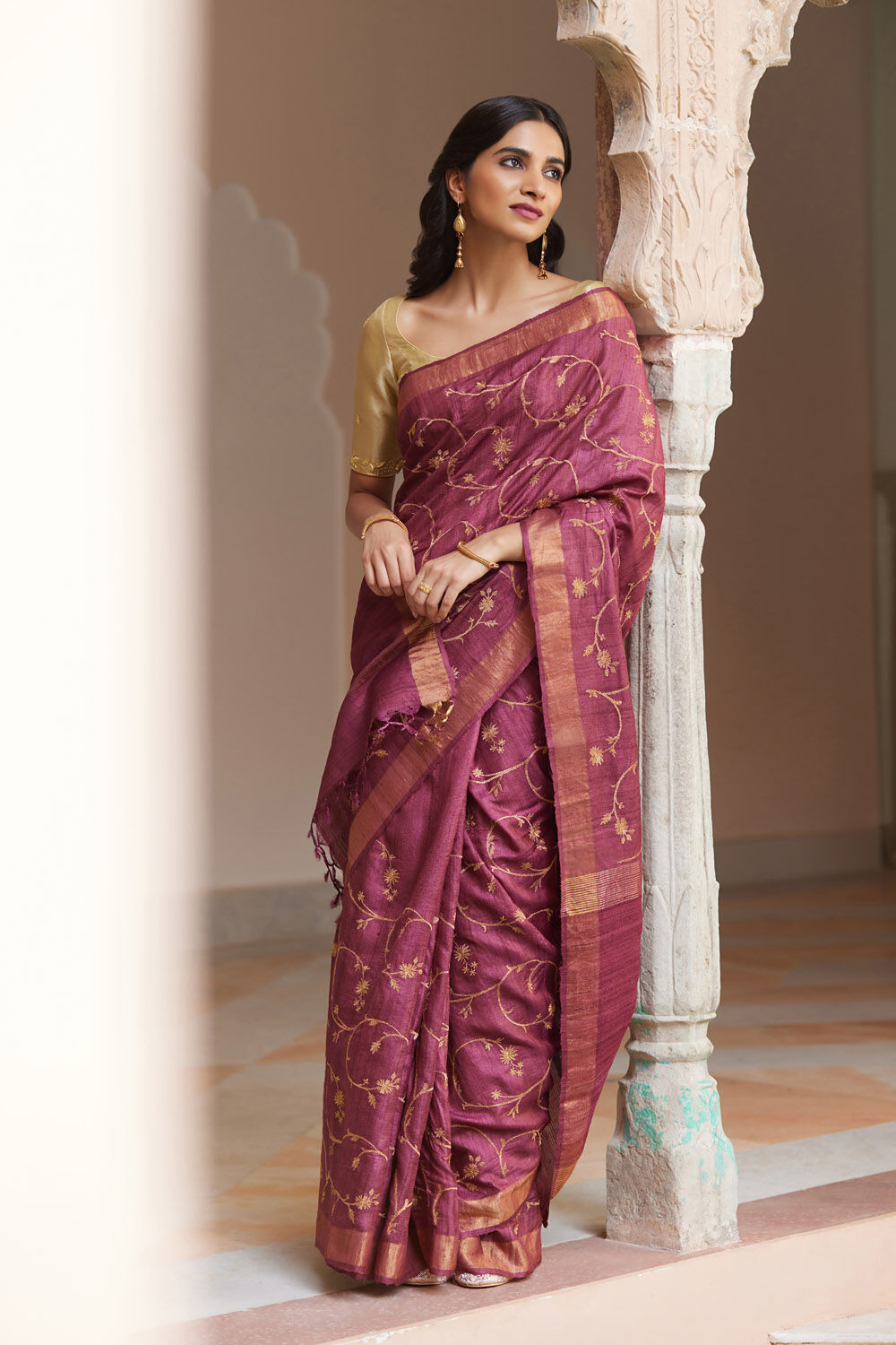 Dark Pink Pure Tissue Tussar Embroidered Saree image number null