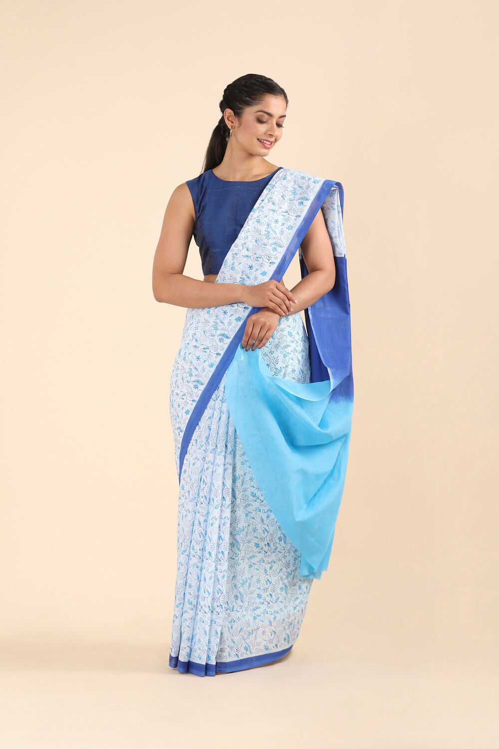 Light Blue Pure Cotton Mulmul Printed Saree image number null