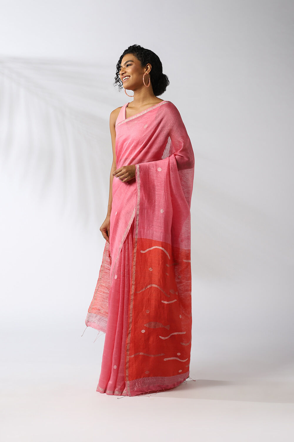 Light Pink Pure Silk Linen Jamdani Saree image number null