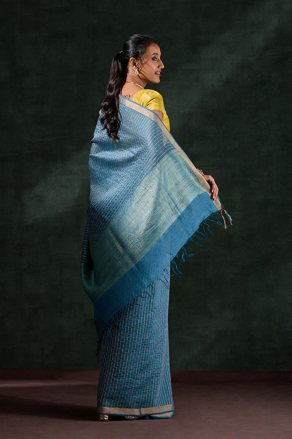 Blue Pure Silk Linen Embroidered Saree image number null