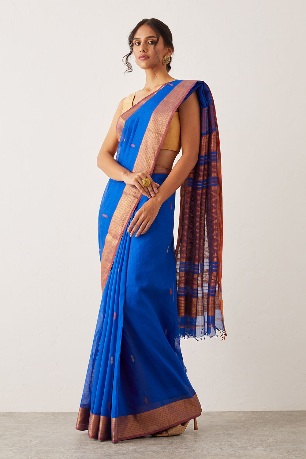Dark Blue Pure Silk Cotton Maheswari Saree image number null