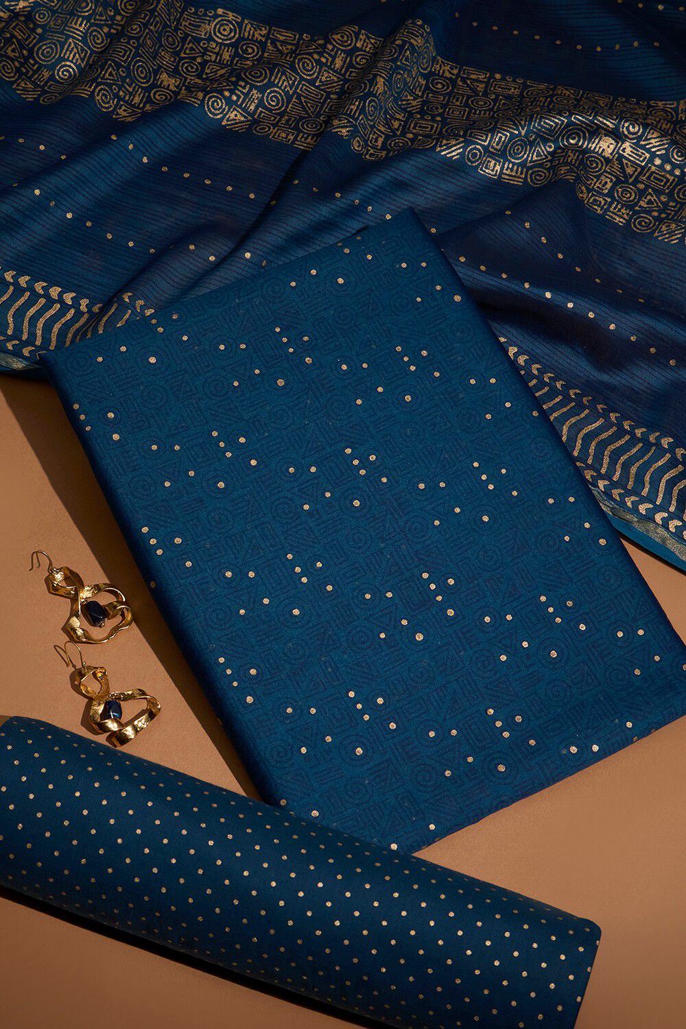Dark Blue Pure Silk Cotton Block Printed Unstitched Suit Set image number null