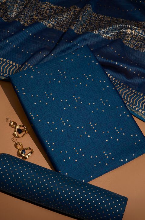 Dark Blue Pure Silk Cotton Block Printed Unstitched Suit Set