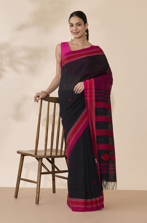 Black Woven Pure Cotton Bengal Saree