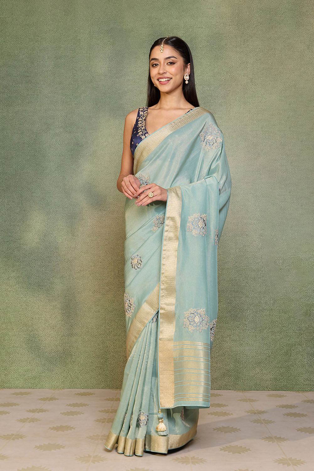 Light Blue   Viscose Tissue Embroidered Saree image number null