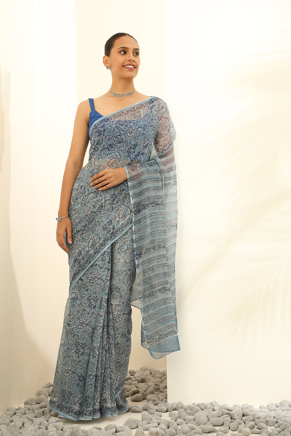 Light Blue Pure Kota Bagru Block Printed Saree image number null