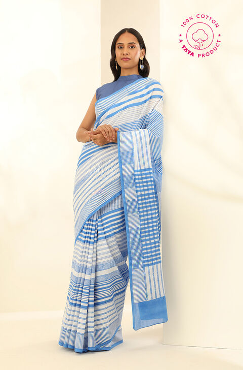 Blue Pure Cotton Bagru Block Printed Saree