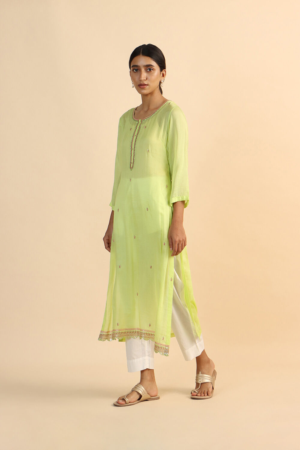 Light Green Viscose Embroidered Kurta image number null